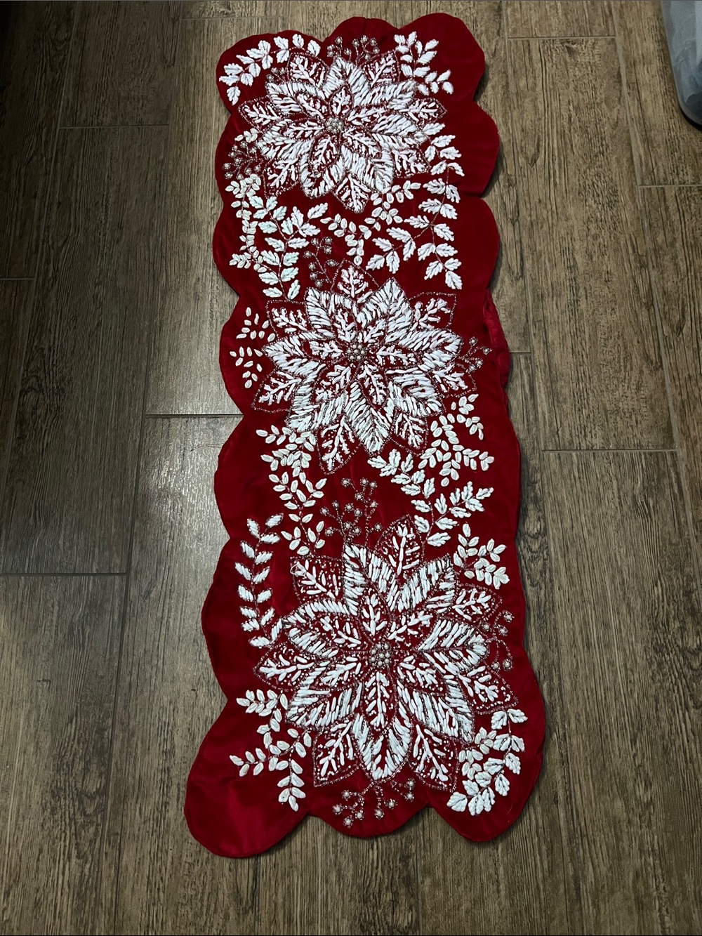 Rachel Zoe Red and White Embroidered Poinsettia Table Runner